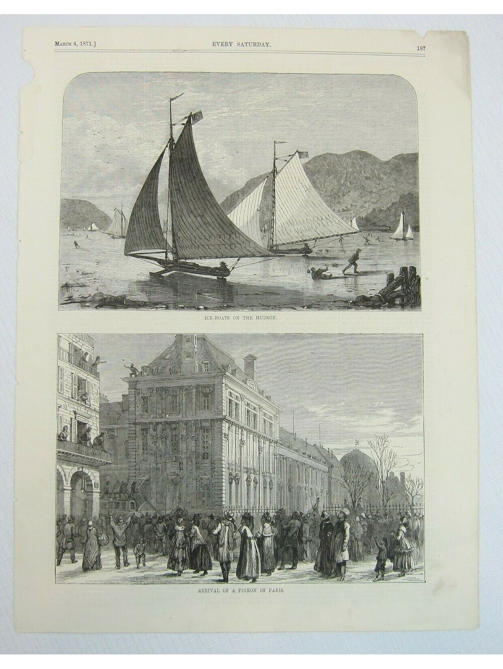 Antique 1871 Wood Engraving Print Ice Boats on Hudson, Arrival Pigeon in Paris